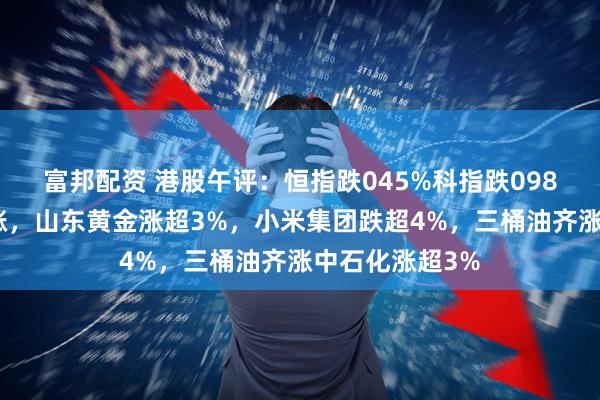 富邦配资 港股午评：恒指跌045%科指跌098%！黄金股普涨，山东黄金涨超3%，小米集团跌超4%，三桶油齐涨中石化涨超3%